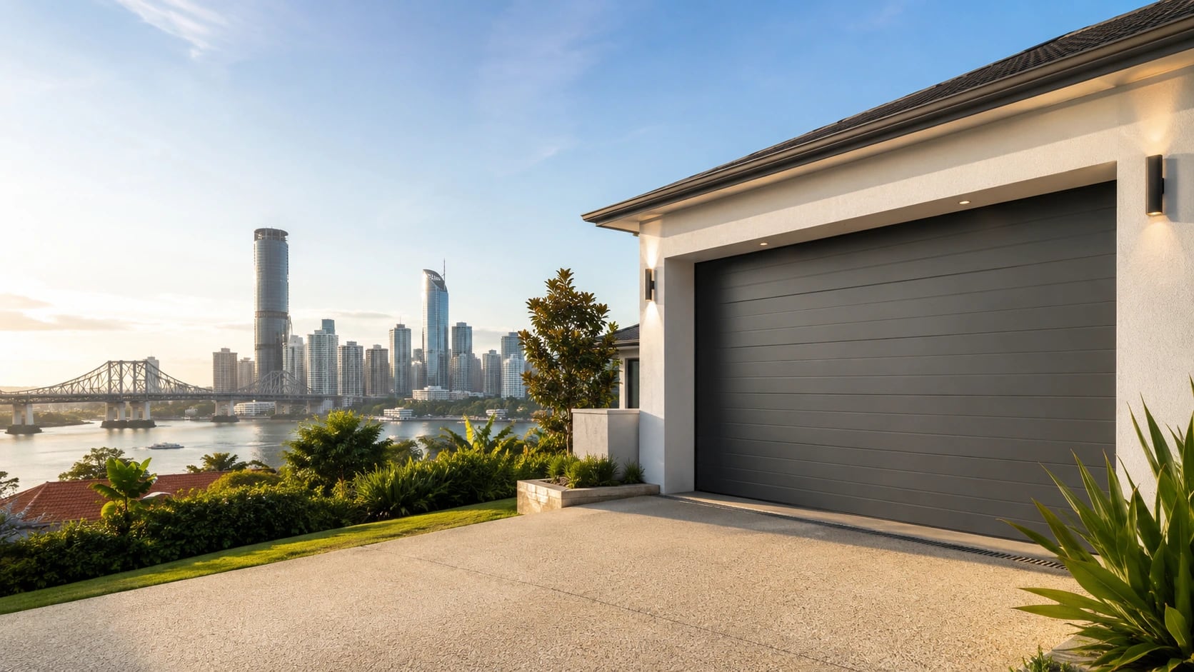 Modern Brisbane home with a garage door overlooking the city skyline