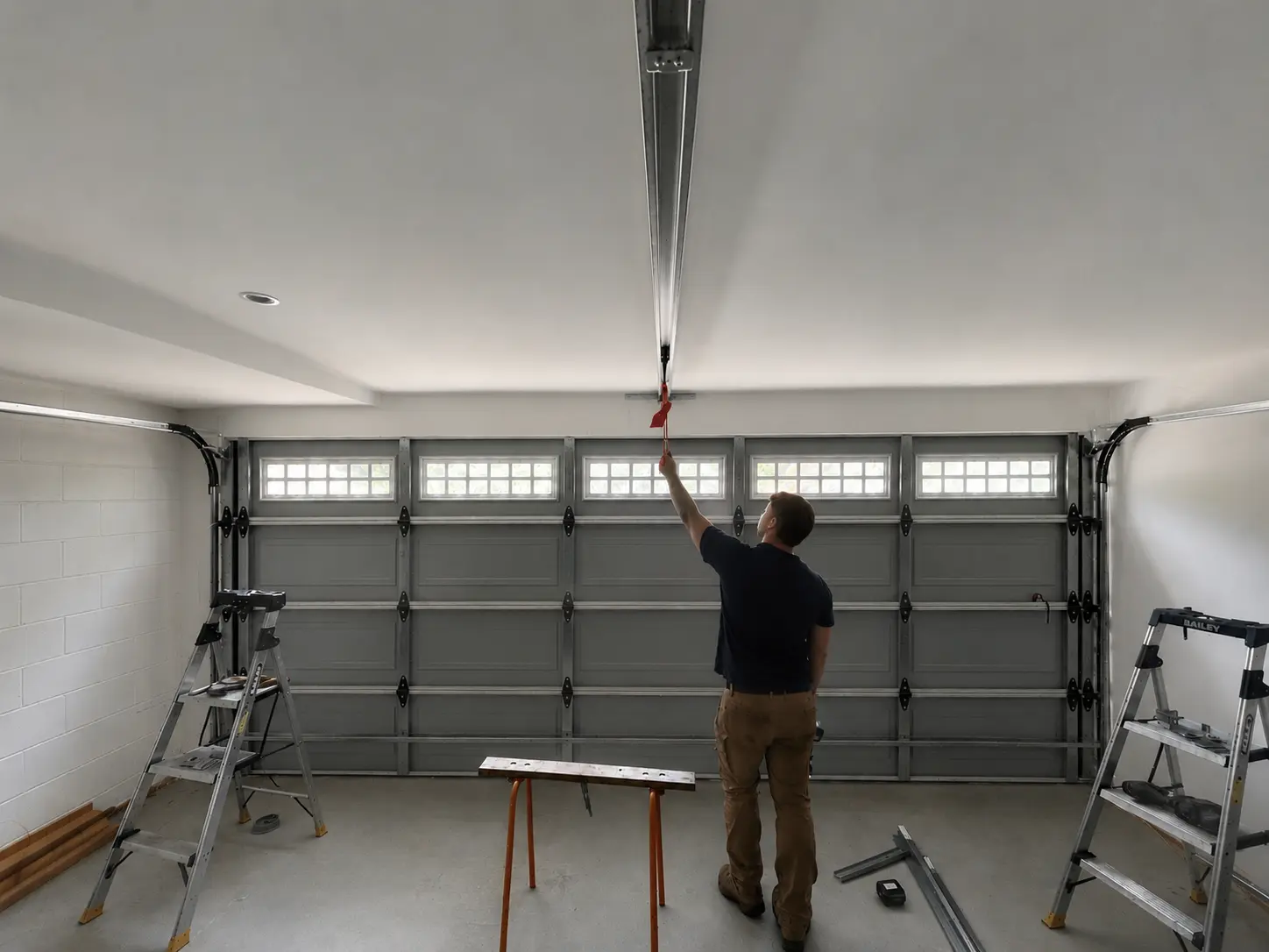 Technician testing a ceiling-mounted automatic garage door opener inside a residential garage